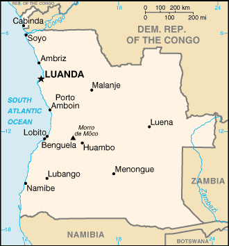 Mapa del territorio actual de Angola