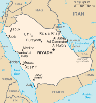 Mapa del territorio actual de Arabia Saudita