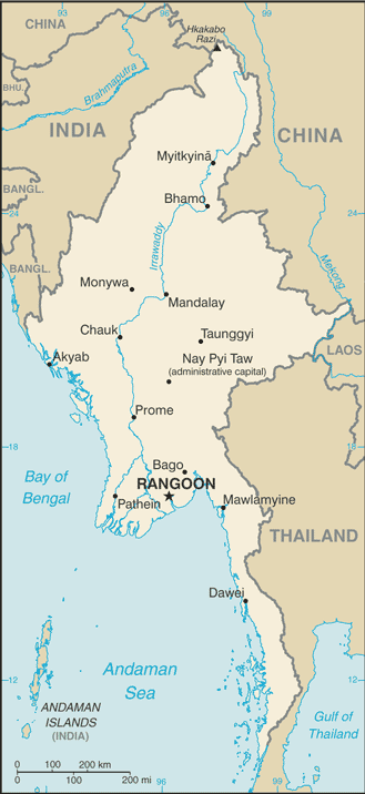 Mapa del territorio actual de Burma (Byrmania)