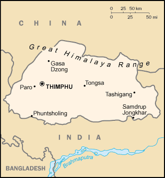 Mapa del territorio actual de Buthán