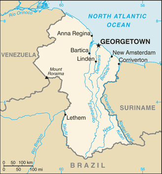 Mapa del territorio actual de Guyana