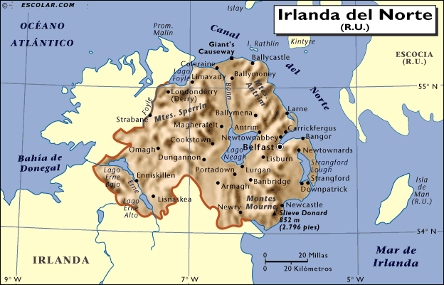 Mapa del territorio actual de Irlanda del Norte
