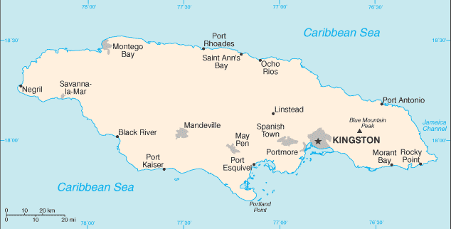 Mapa del territorio actual de Jamaica