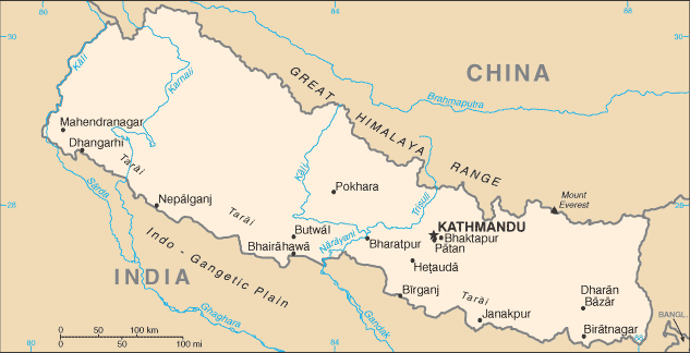 Mapa del territorio actual de Nepal