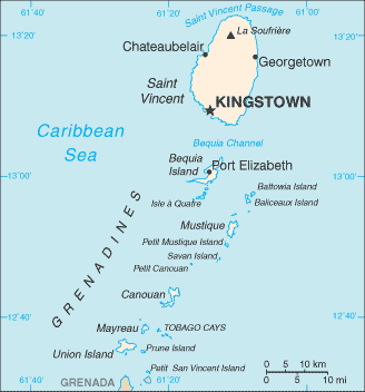 Mapa del territorio actual de San Vicente y las Granadinas