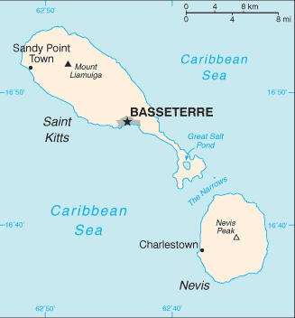 Mapa del territorio actual de St. Kitts y Nevis