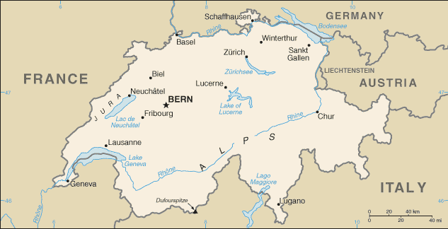 Mapa del territorio actual de Suiza