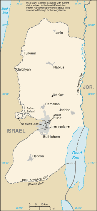 Mapa del territorio actual de Cisjordania (West Bank)