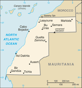 Mapa del territorio actual de Sahara occidental