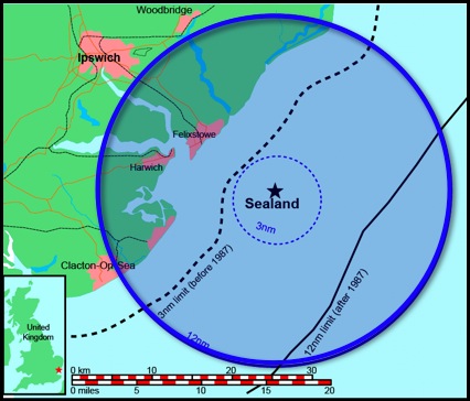 Mapa territorial global de Sealand Mapa del territorio actual de Sealand