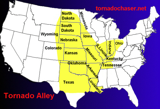 Mapa territorial global de Tornado Alley Mapa del territorio actual de Tornado Alley