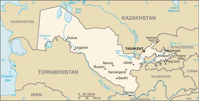 Mapa territorial global de Uzbequistán Mapa del territorio actual de Uzbequistán